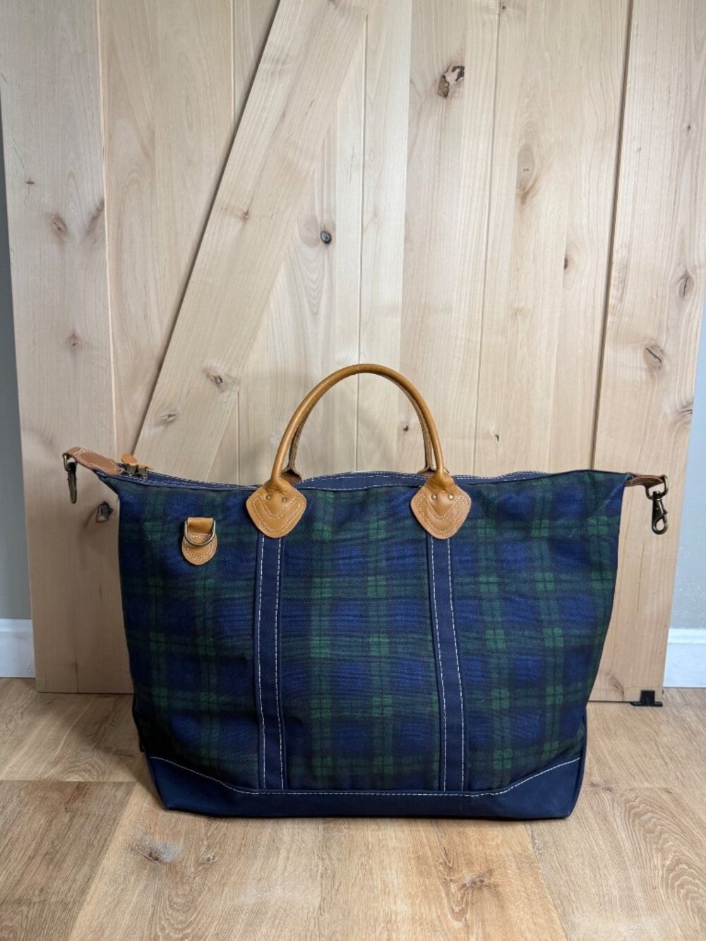 Vintage L.L. Bean Boat And Tote Large Plaid Canvas Duffle Bag With Leather Handl